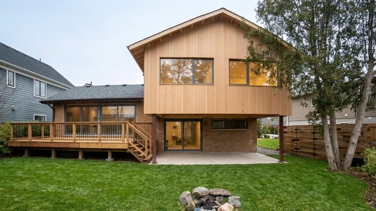 Cedar-clad second-storey addition with a new rear deck